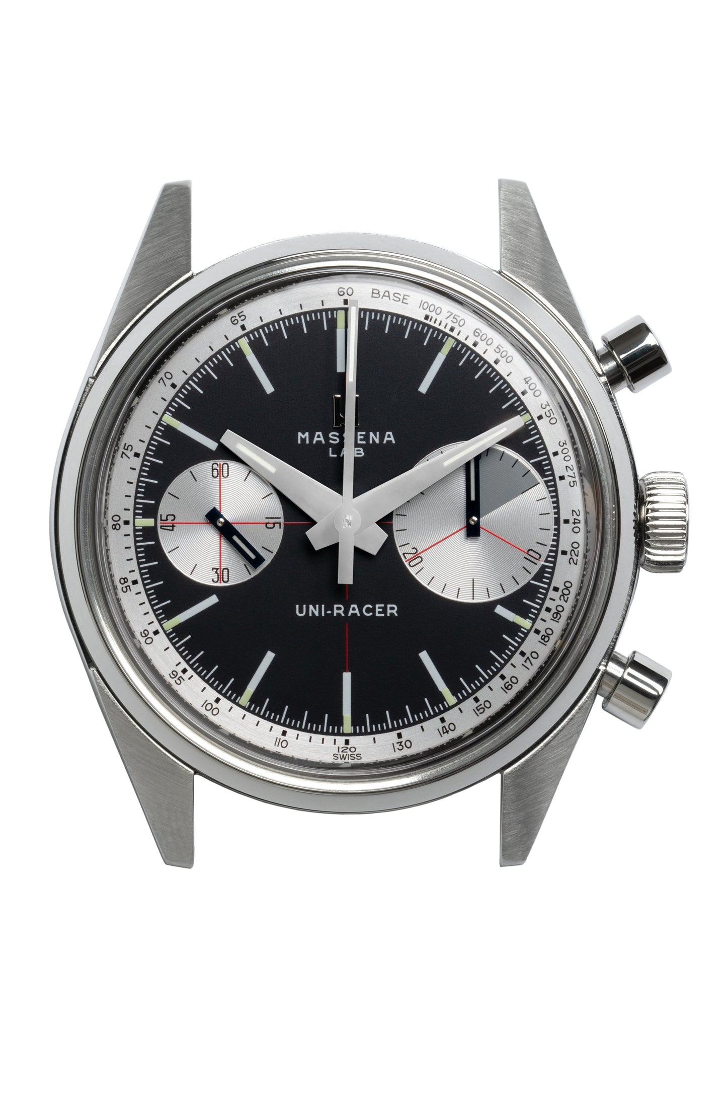 The dial of the Massena LAB Uni-Racer is configured in a "Reverse Panda" black dial with silver subdials, and features a 30 minutes "Big Eye" counter as well as a small seconds counter. Zooming in, the wearer can appreciate the specific and shifting blue color of the subdial hands, which was achieved through an arduous process of using traditional hand heating, oxidation, and other metal treatments.