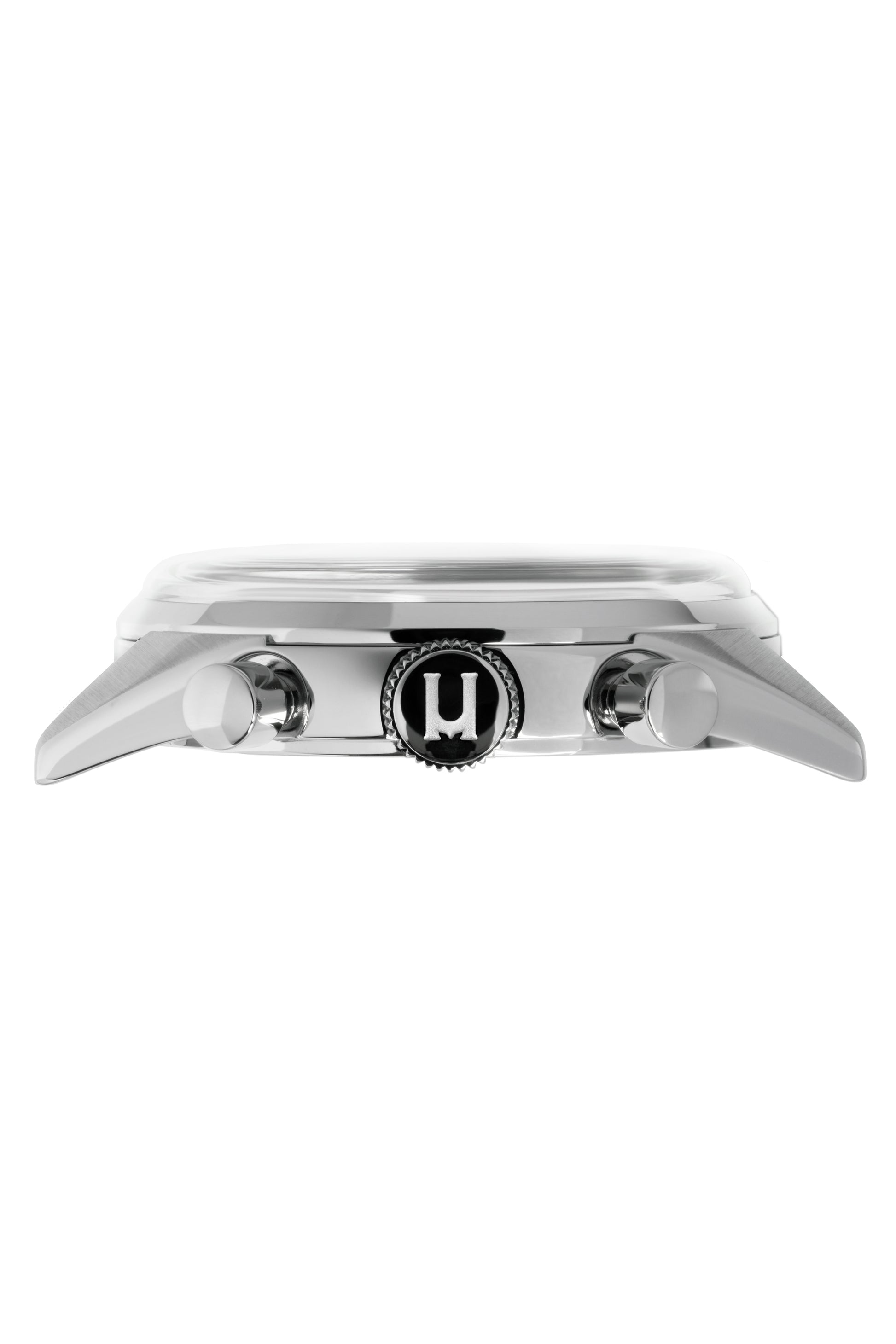 The Massena LAB Uni-Racer wristwatch features a 39mm stainless steel case, finished horizontally for added visual interest. Each watch is numbered with its limited-edition number. Its crown is signed.