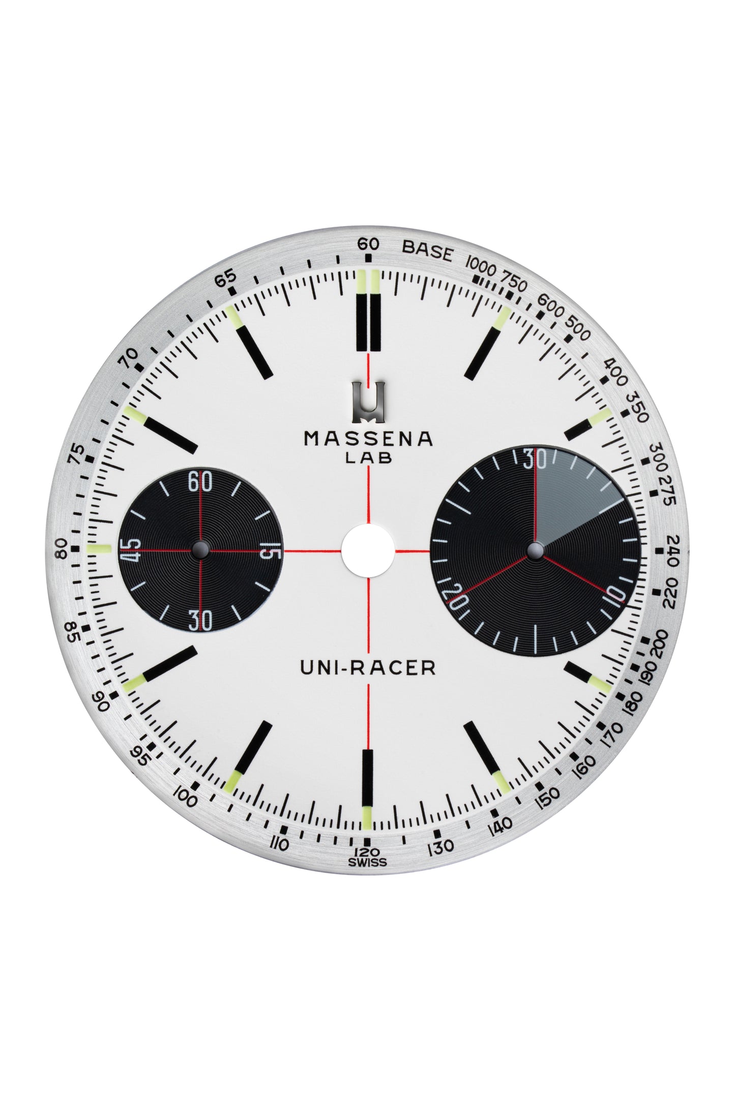 The dial of the Massena LAB Uni-Racer chronograph wristwatch is configured in a “Panda” white dial and features a 30 minutes “Big Eye” counter as well as a small seconds counter.