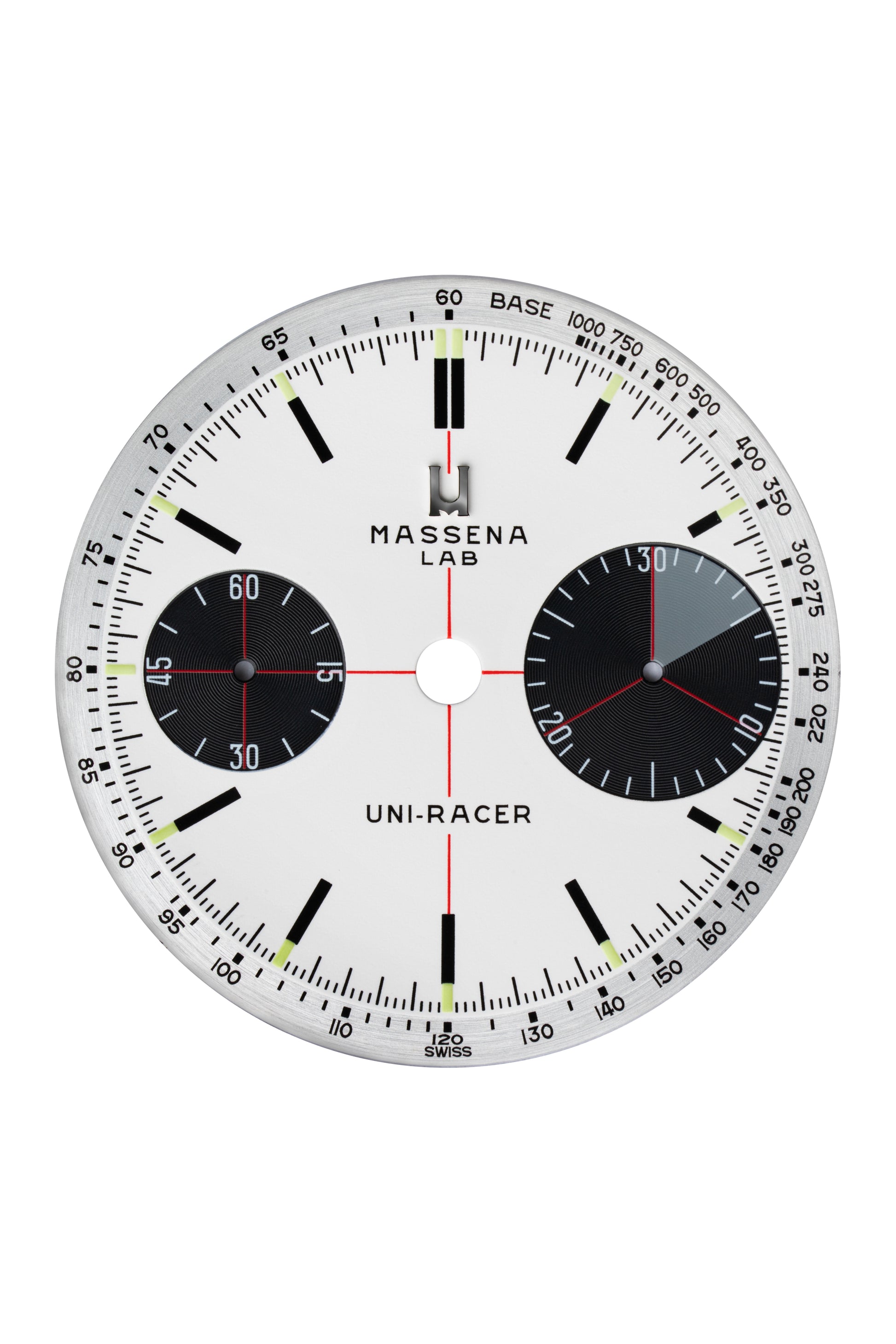 The dial of the Massena LAB Uni-Racer chronograph wristwatch is configured in a “Panda” white dial and features a 30 minutes “Big Eye” counter as well as a small seconds counter.