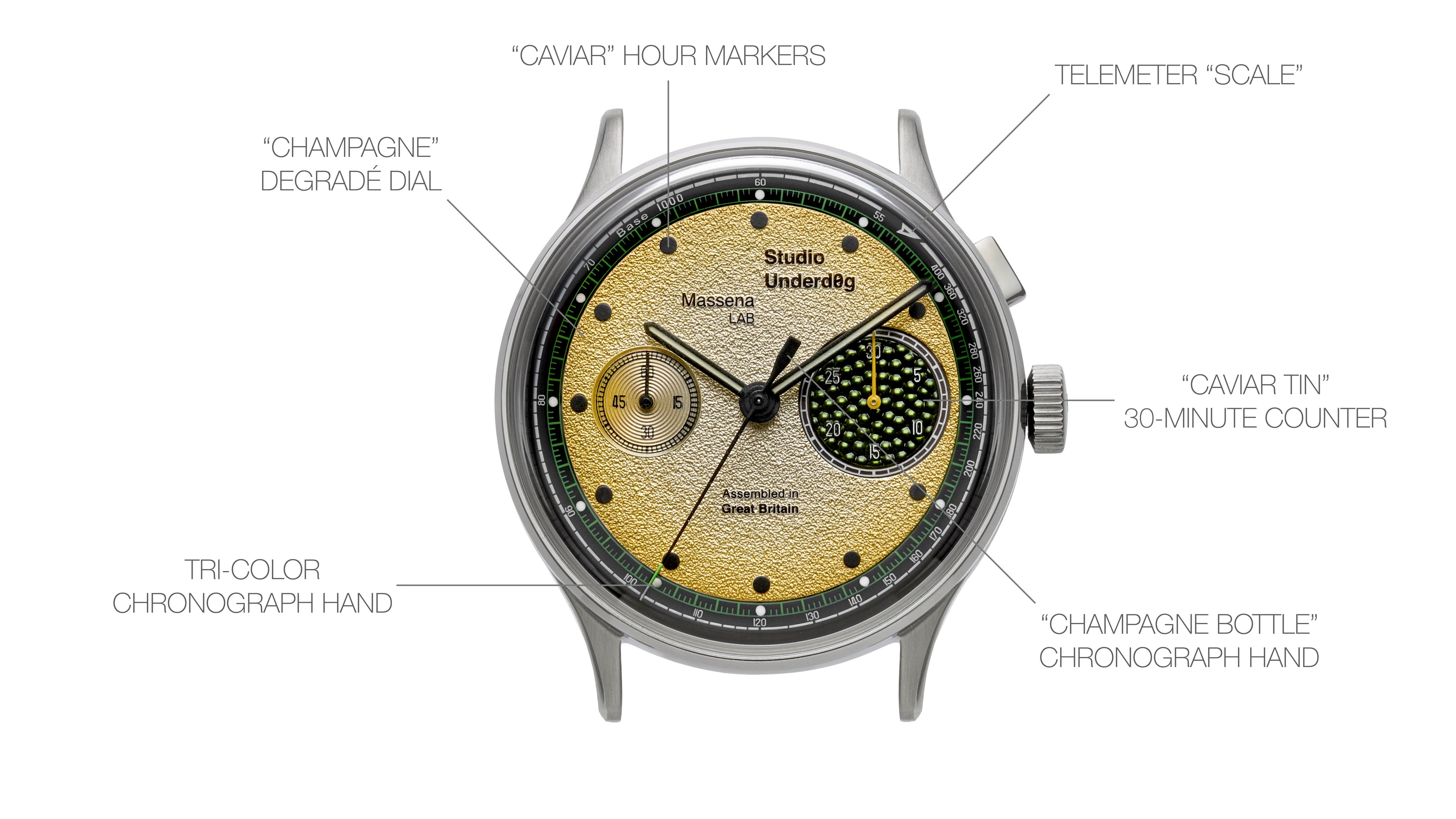 A diagram of the Studio Underd0g x Massena LAB Champagne & Caviar Monopusher Chronograph Limited Edition