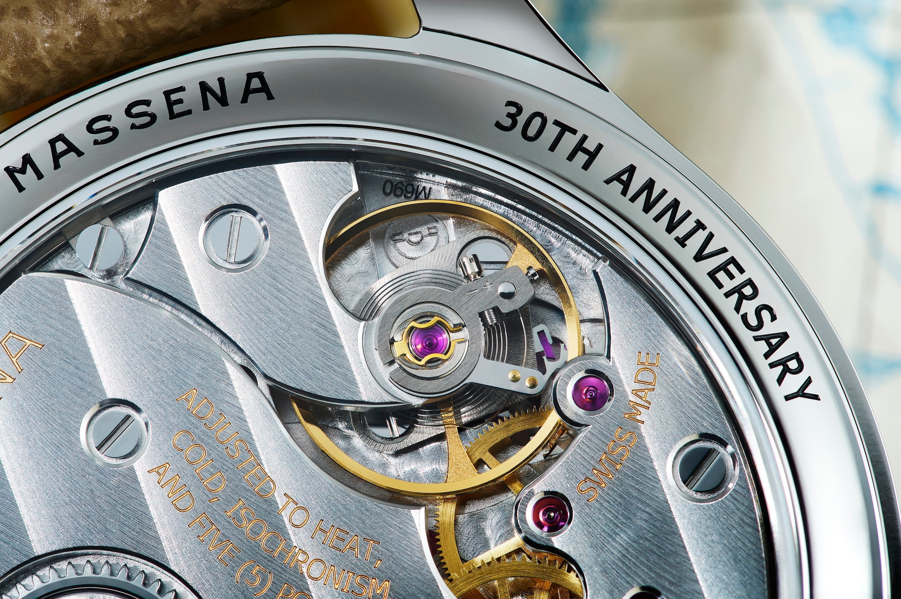 Close-up of a the TZ30 movement and caseback with 'Massena' and '30th Anniversary' text.