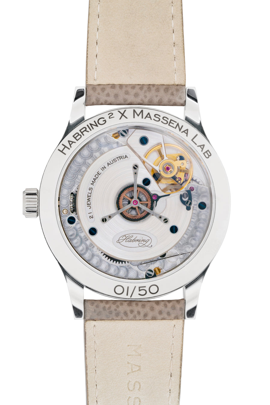 The Massena LAB x Habring² ERWIN LAB02 is powered by the Habring² caliber A11MS hand-wound movement.