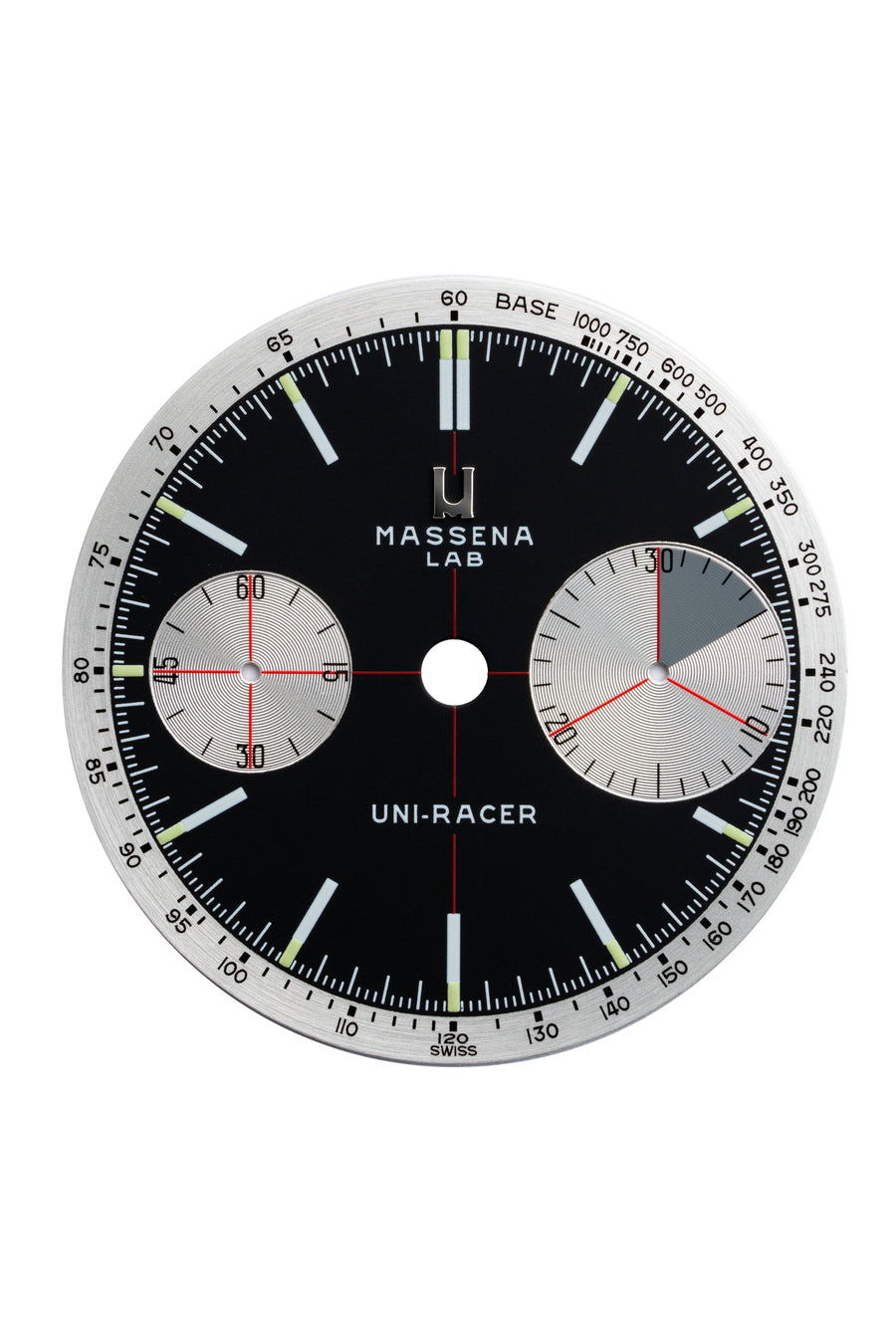 The dial of the Massena LAB Uni-Racer is configured in a "Reverse Panda" black dial with silver subdials, and features a 30 minutes "Big Eye" counter as well as a small seconds counter.