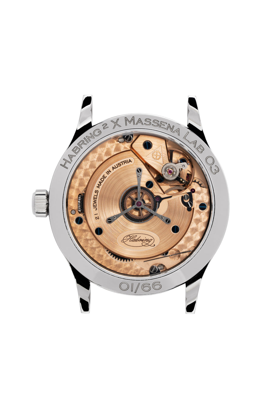 The Massena LAB x Habring² ERWIN LAB03 is powered by the Habring² caliber A11MS hand-wound movement.