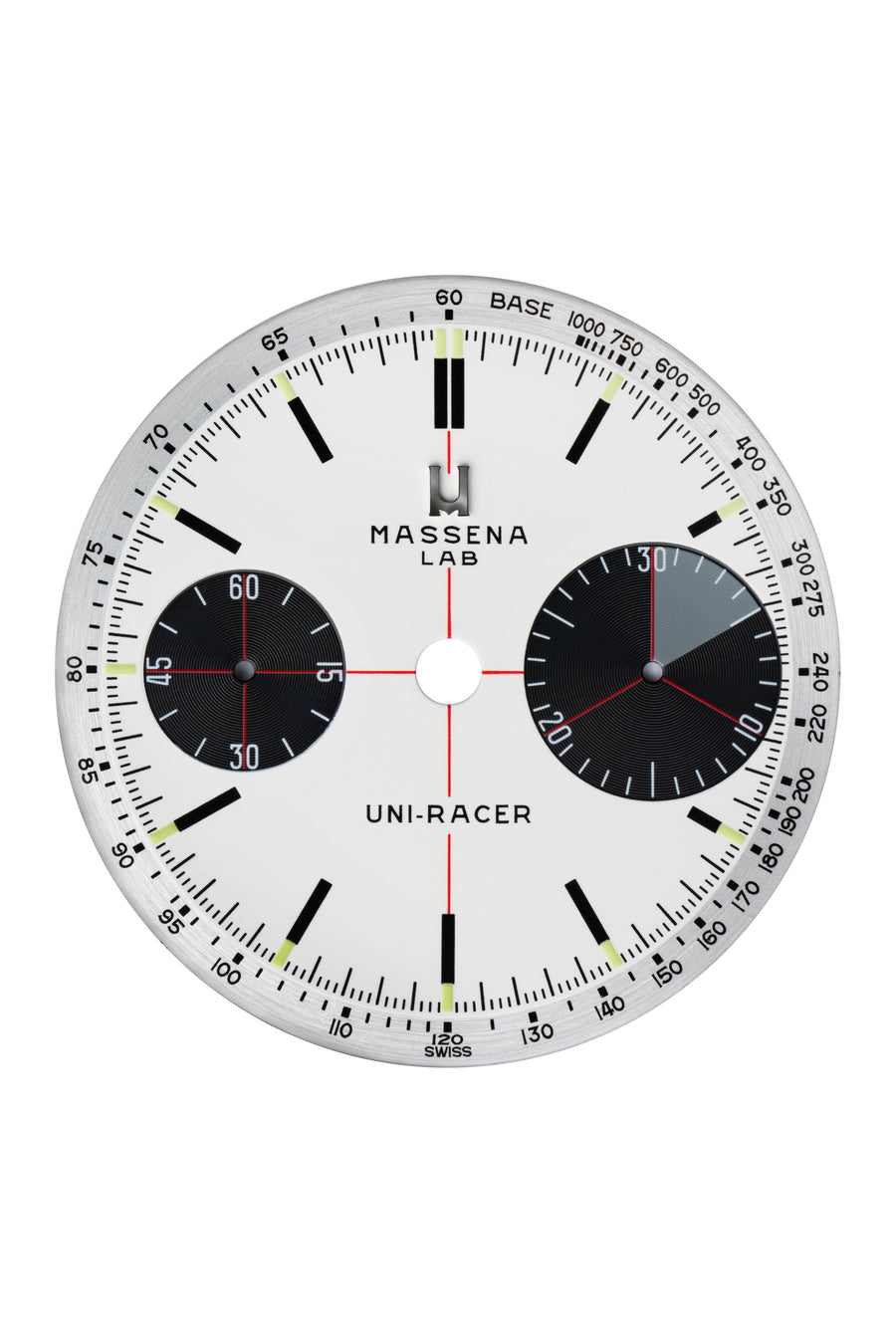 The dial of the Massena LAB Uni-Racer chronograph wristwatch is configured in a “Panda” white dial and features a 30 minutes “Big Eye” counter as well as a small seconds counter. 
